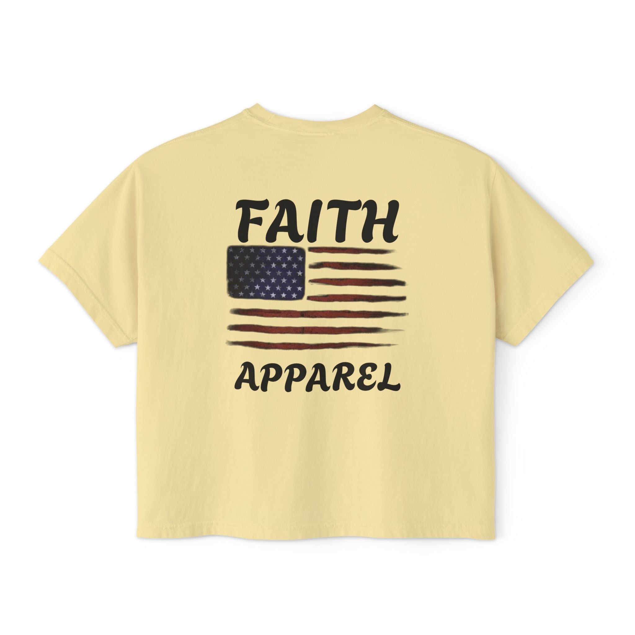 Faith Apparel Women's Boxy Tee — Small Cross Chest + Distressed American Flag Back