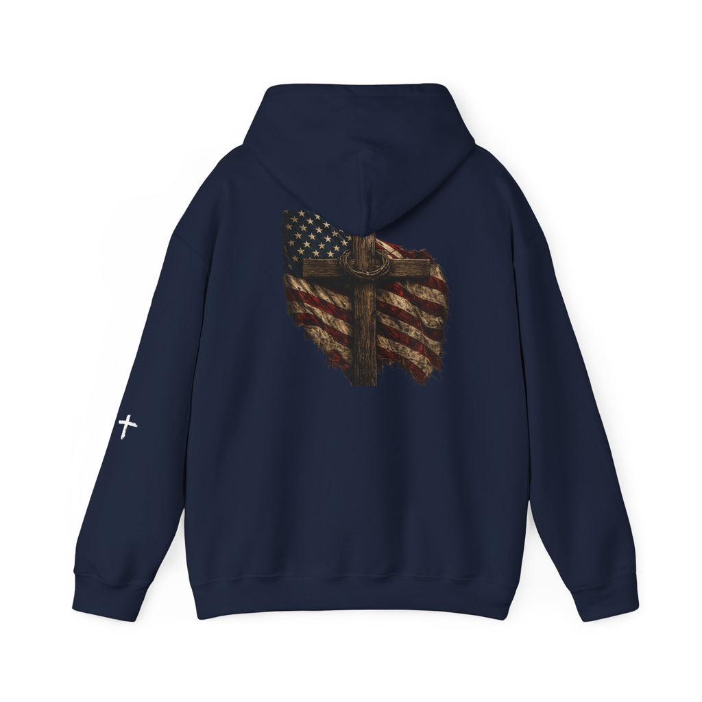 Faith Apparel Hoodie — Distressed American Flag & Cross Christian Pullover