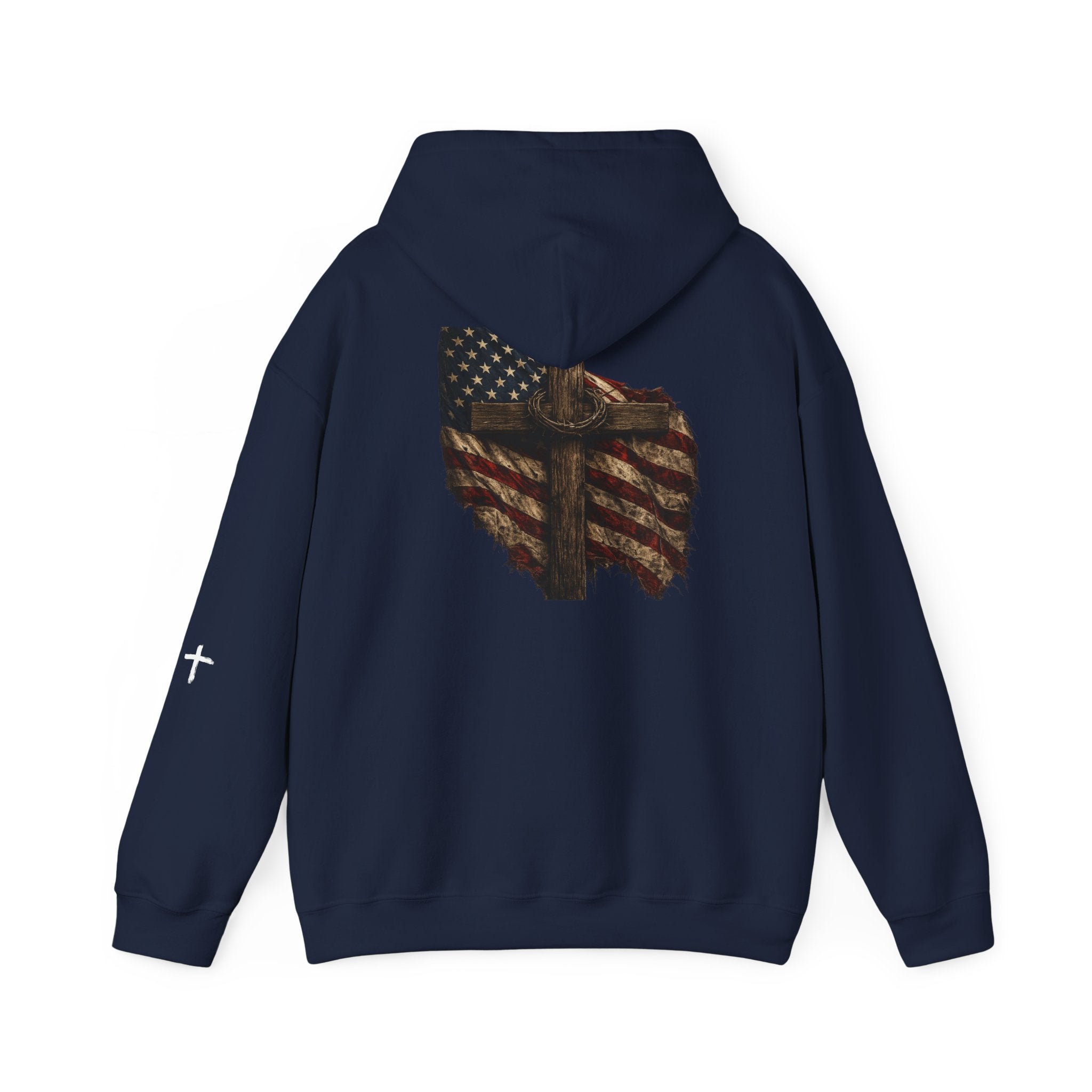 Faith Apparel Hoodie — Distressed American Flag & Cross Christian Pullover