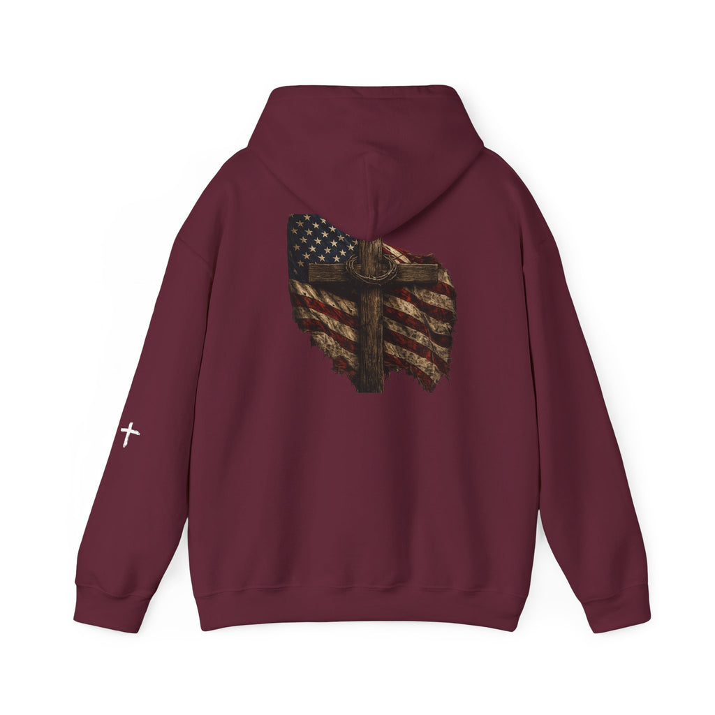 Faith Apparel Hoodie — Distressed American Flag & Cross Christian Pullover