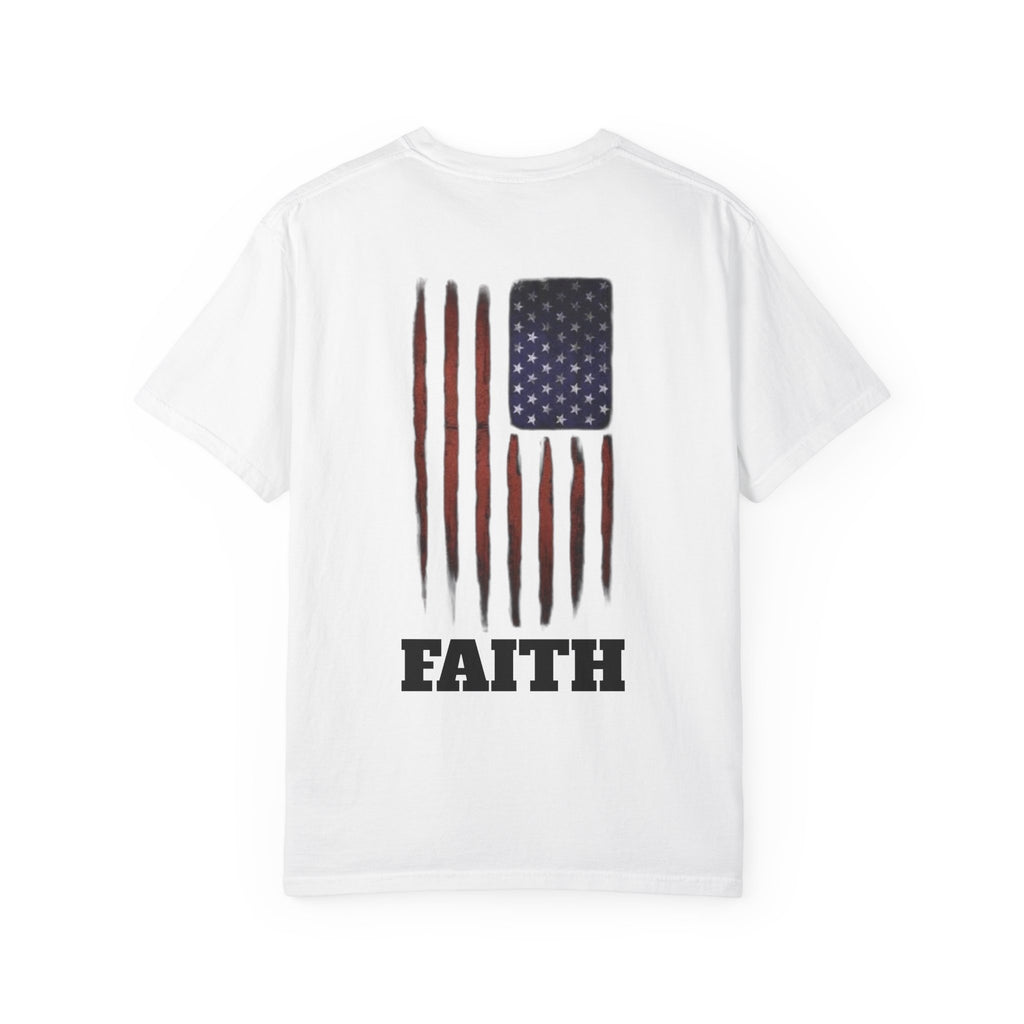 Faith Flag T-Shirt — Small Cross Front, American Flag Back Graphic