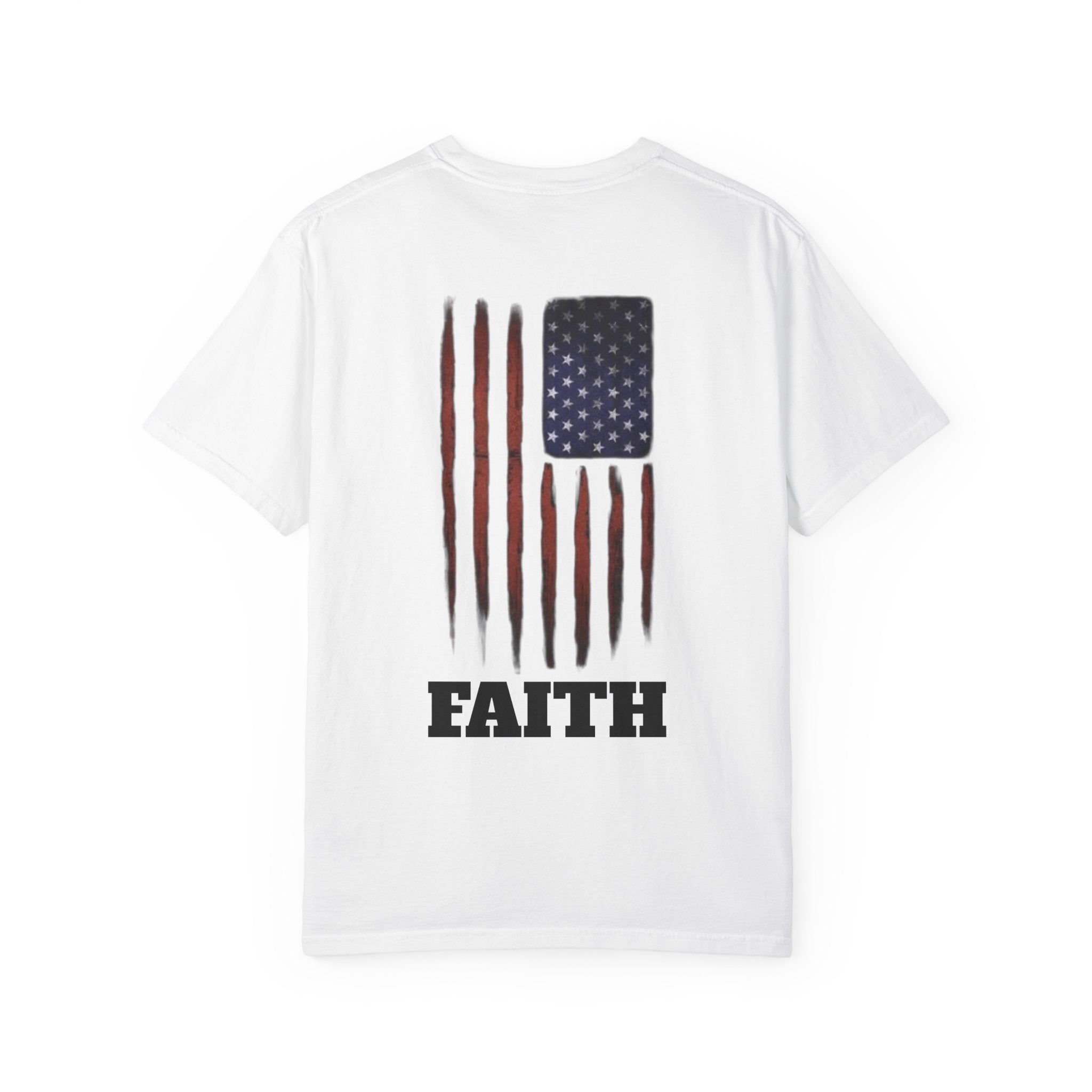 Faith Flag T-Shirt — Small Cross Front, American Flag Back Graphic