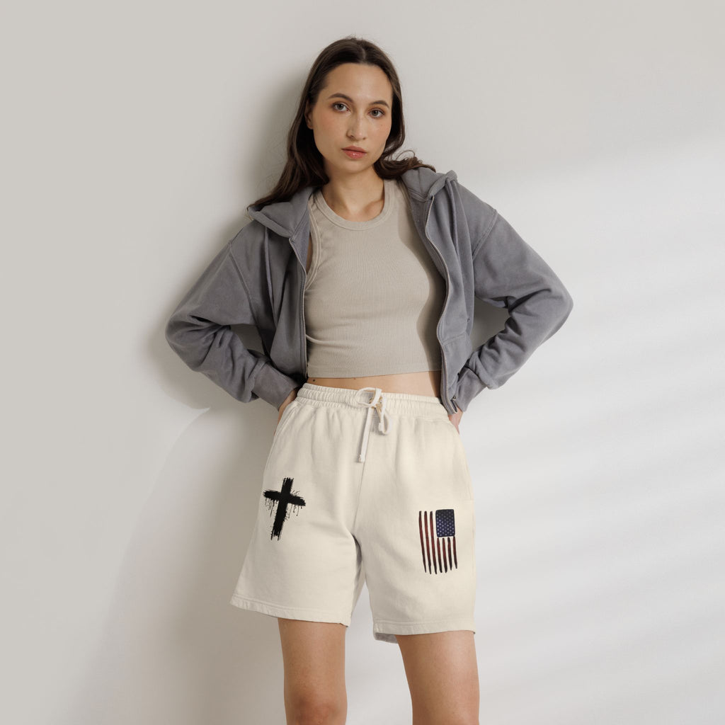 Patriotic Cross Fleece Sweat Shorts — Lightweight Garment-Dyed Lounge Shorts