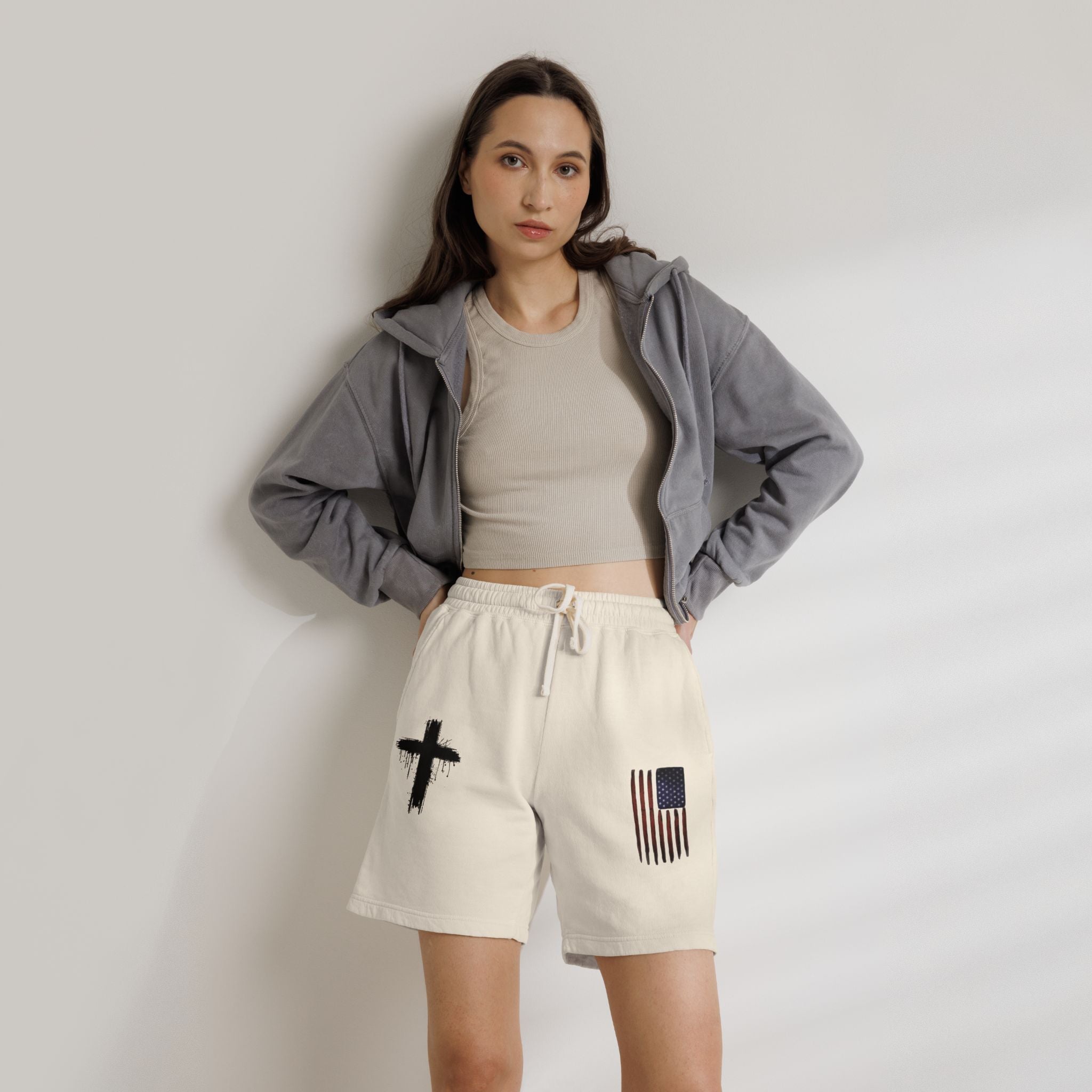 Patriotic Cross Fleece Sweat Shorts — Lightweight Garment-Dyed Lounge Shorts