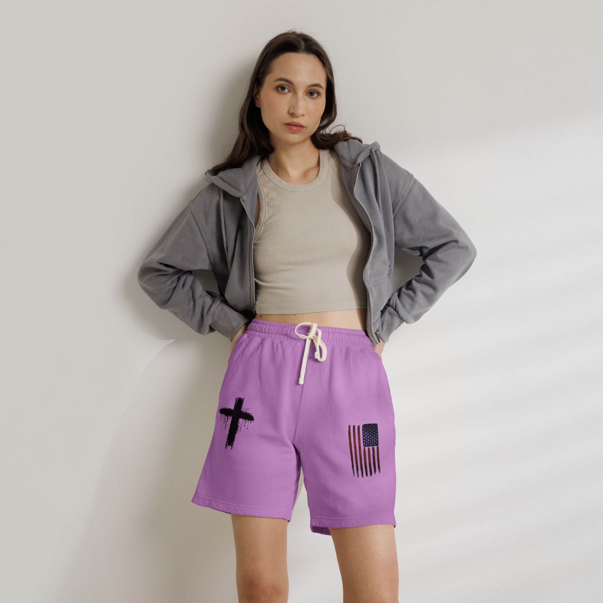 Patriotic Cross Fleece Sweat Shorts — Lightweight Garment-Dyed Lounge Shorts