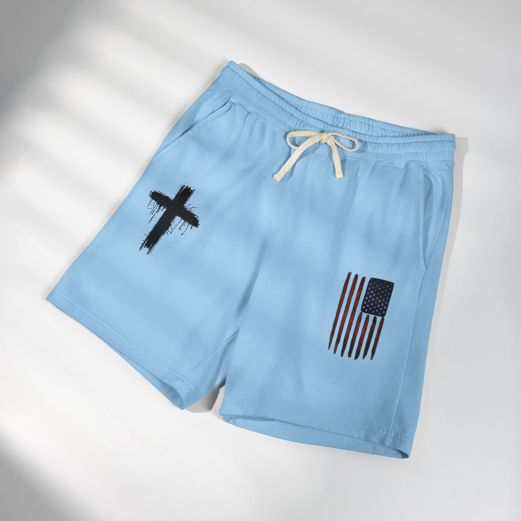 Patriotic Cross Fleece Sweat Shorts — Lightweight Garment-Dyed Lounge Shorts