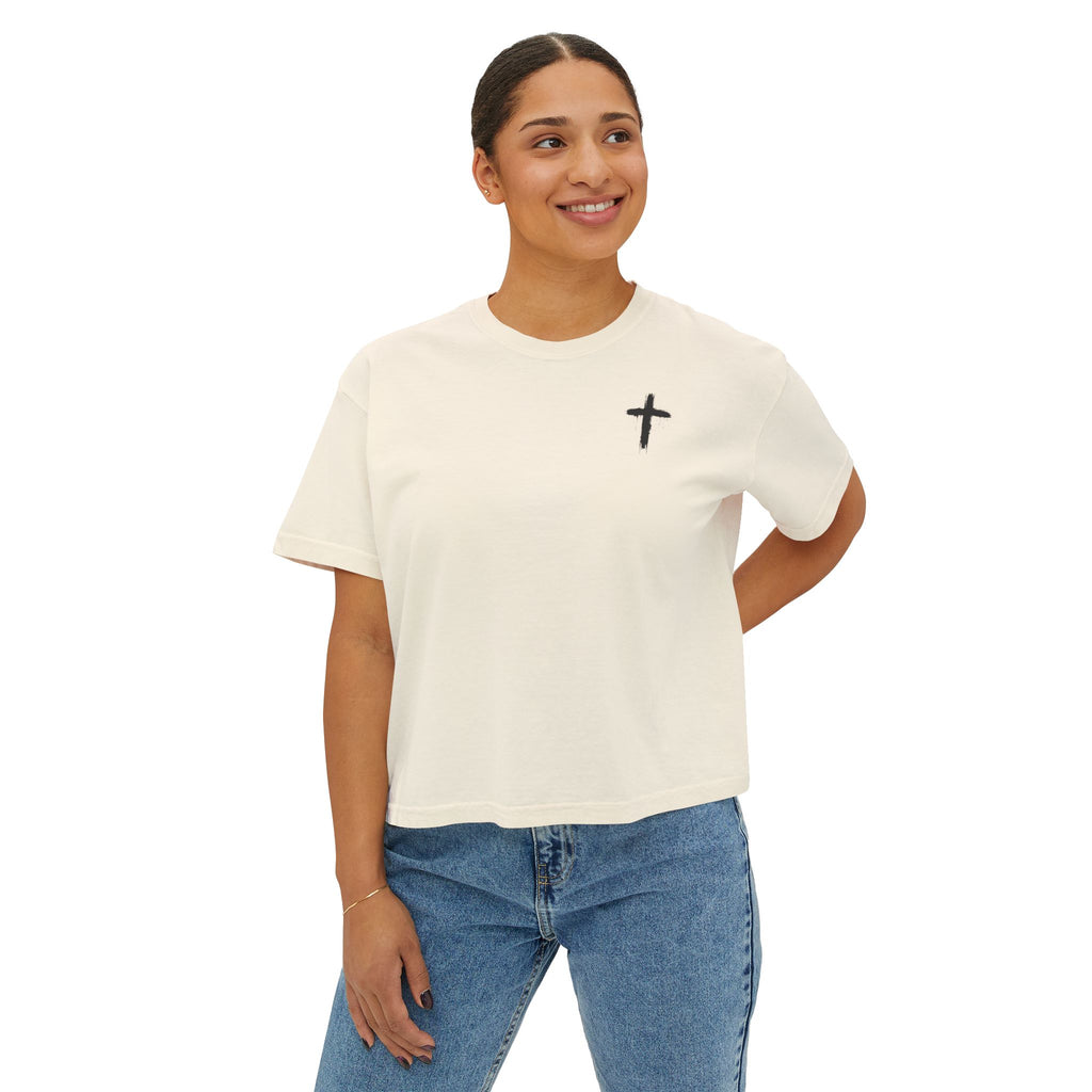 Faith Apparel Women's Boxy Tee — Small Cross Chest + Distressed American Flag Back