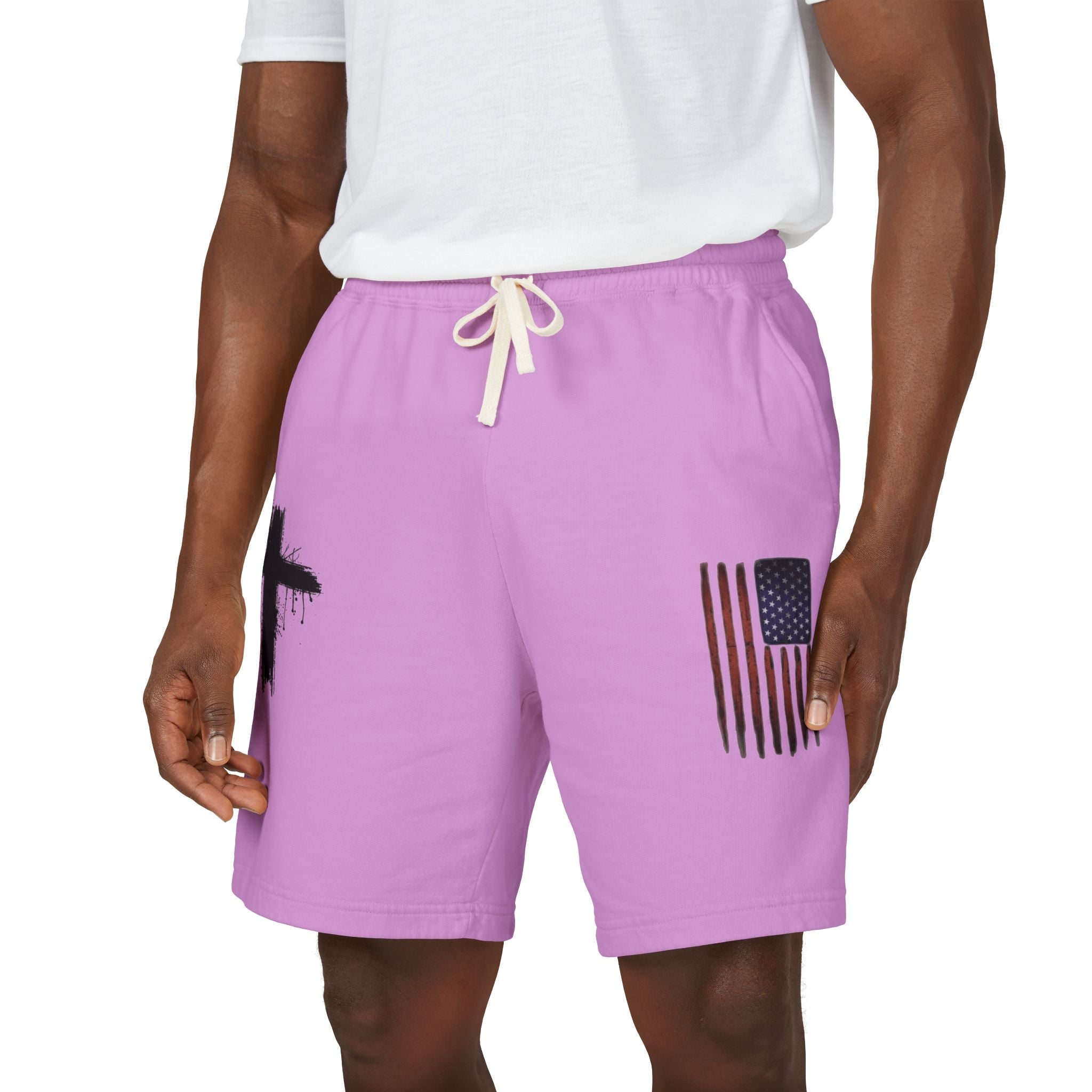 Patriotic Cross Fleece Sweat Shorts — Lightweight Garment-Dyed Lounge Shorts