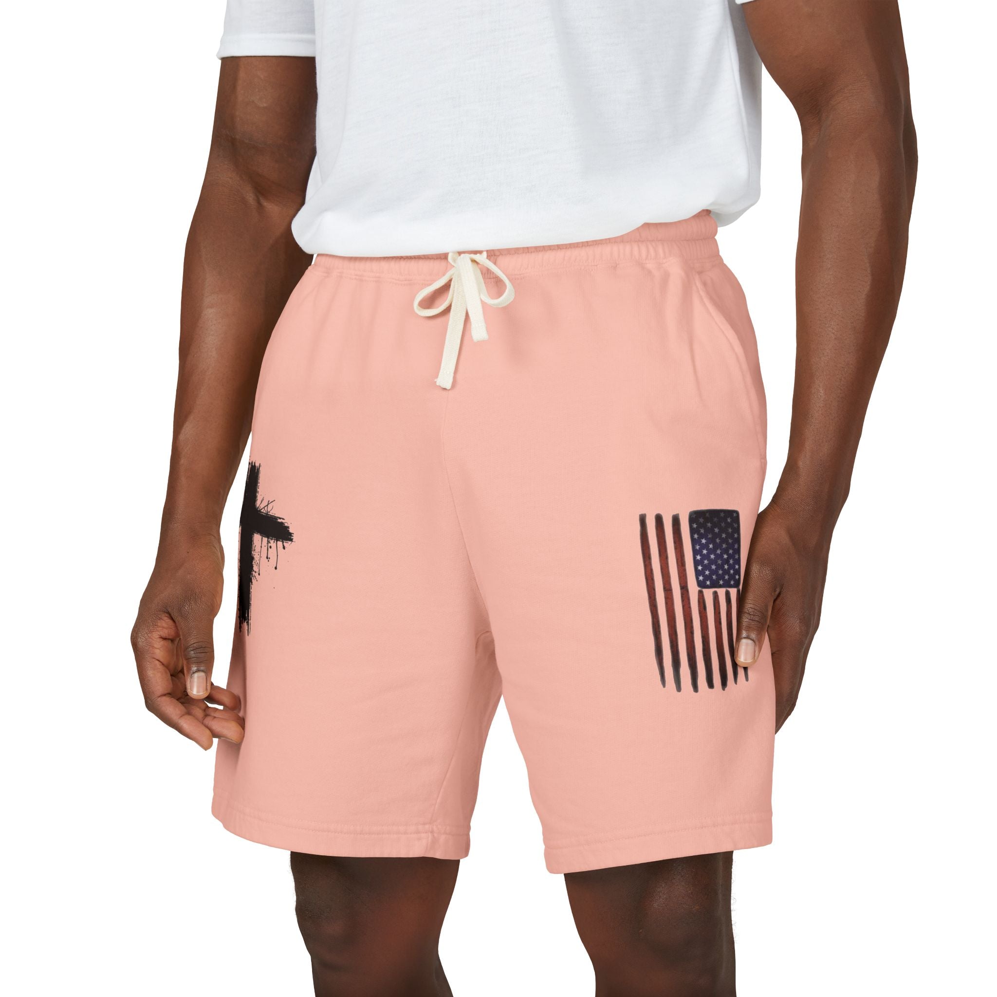 Patriotic Cross Fleece Sweat Shorts — Lightweight Garment-Dyed Lounge Shorts