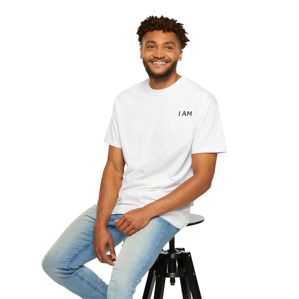I AM Minimalist T‑Shirt — 'I AM' Front with 'Print it your way' Back