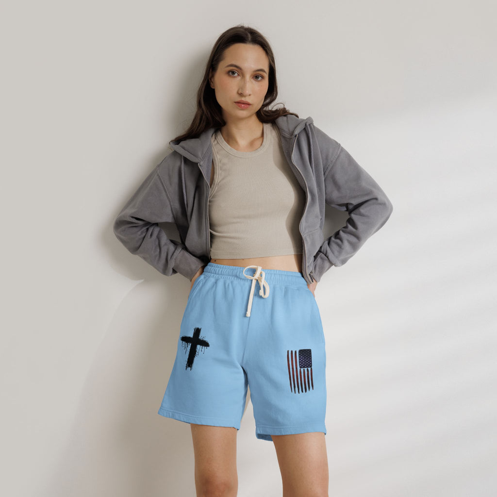 Patriotic Cross Fleece Sweat Shorts — Lightweight Garment-Dyed Lounge Shorts