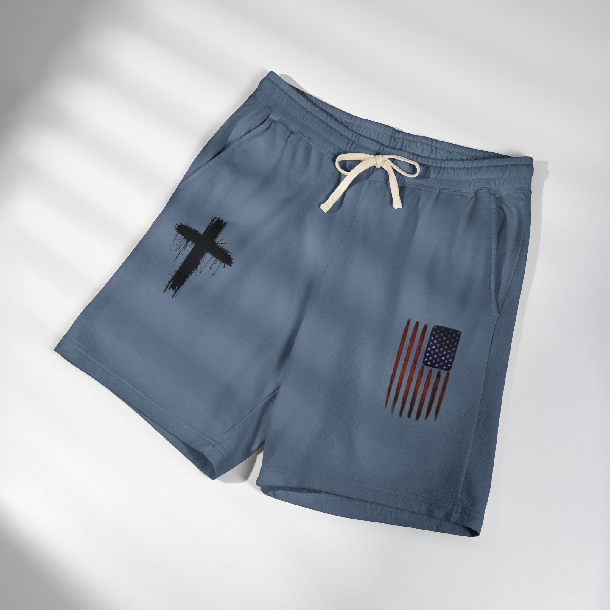 Patriotic Cross Fleece Sweat Shorts — Lightweight Garment-Dyed Lounge Shorts