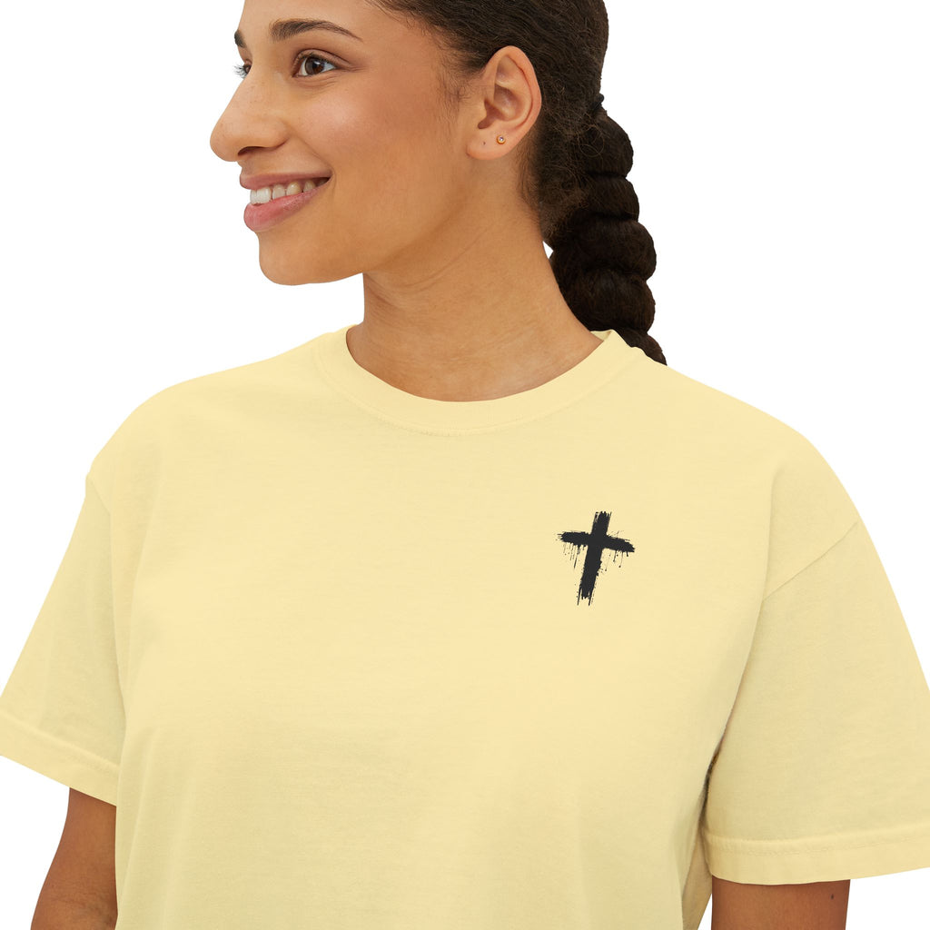 Faith Apparel Women's Boxy Tee — Small Cross Chest + Distressed American Flag Back