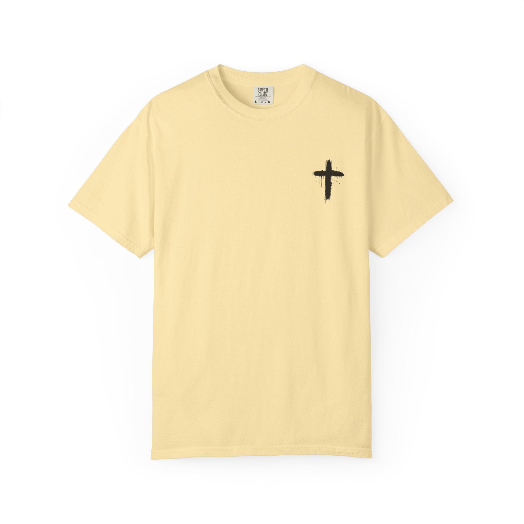 Faith Flag T-Shirt — Small Cross Front, American Flag Back Graphic