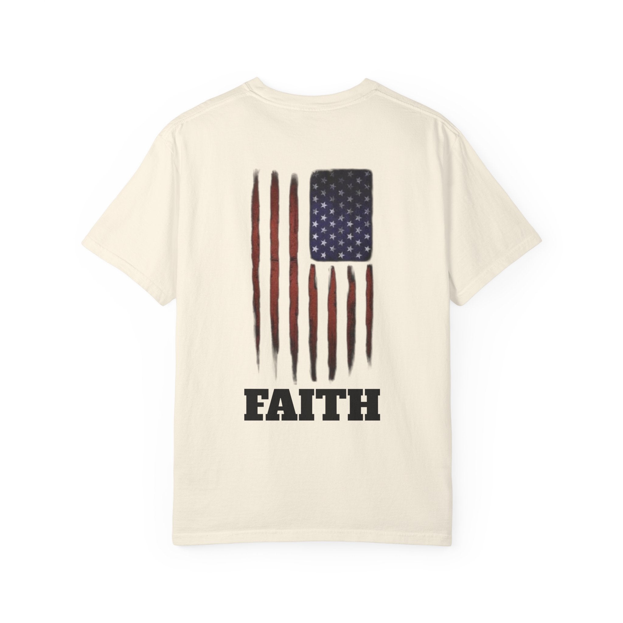 Faith Flag T-Shirt — Small Cross Front, American Flag Back Graphic