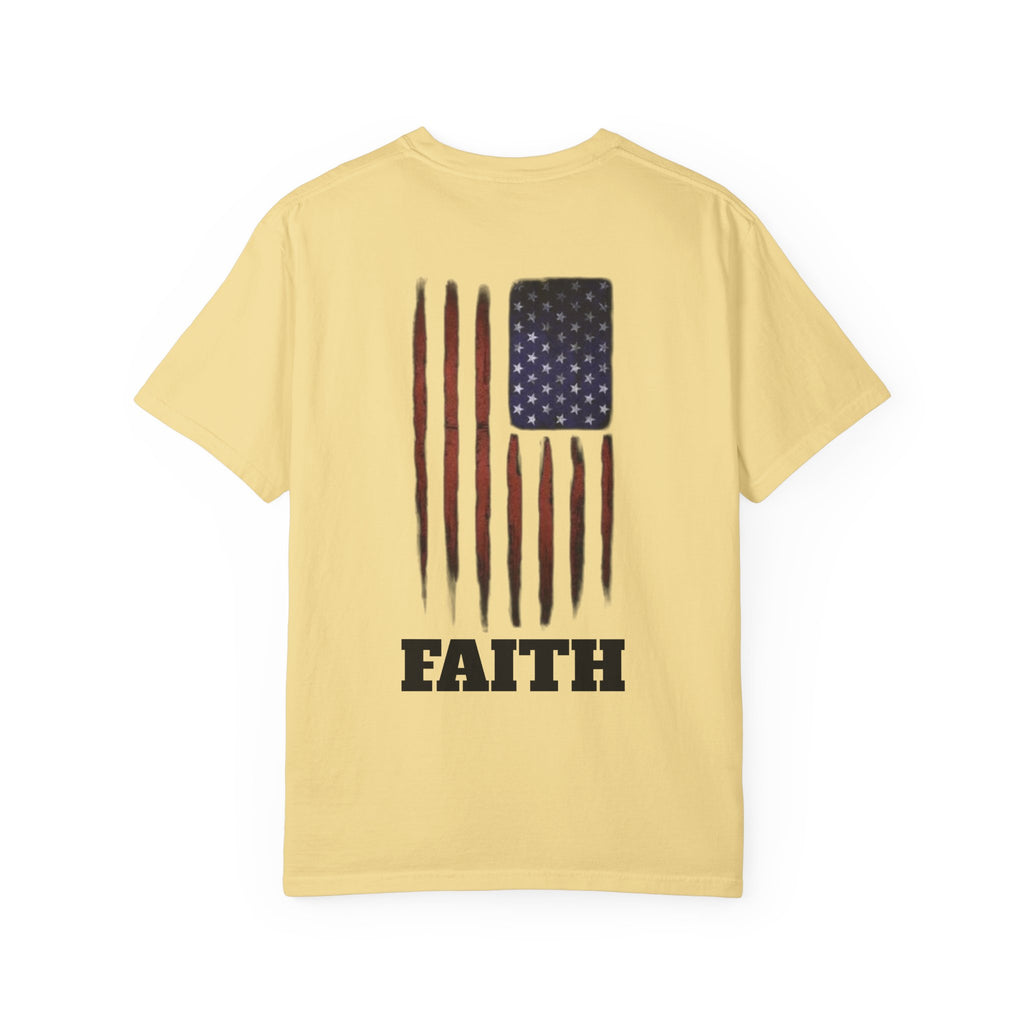 Faith Flag T-Shirt — Small Cross Front, American Flag Back Graphic