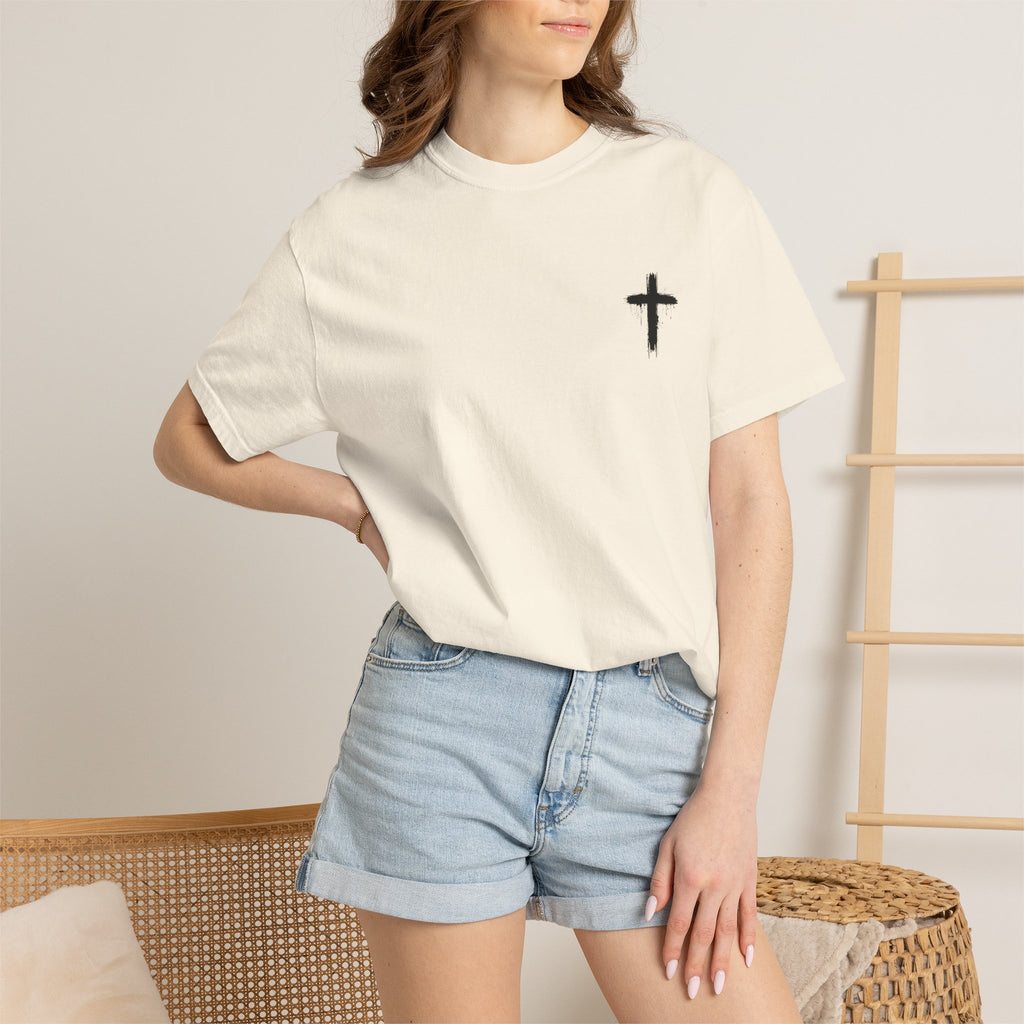 Faith Flag T-Shirt — Small Cross Front, American Flag Back Graphic