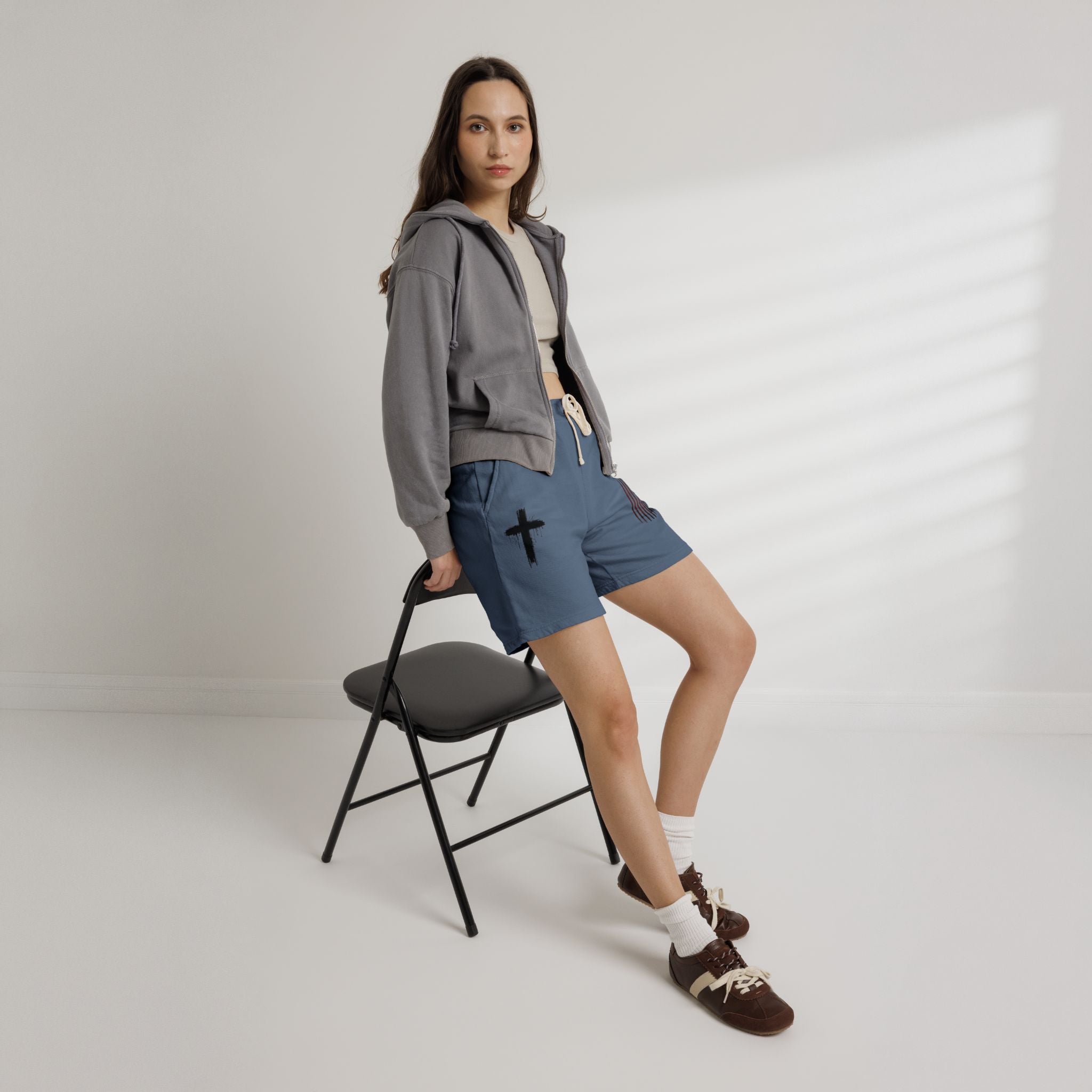 Patriotic Cross Fleece Sweat Shorts — Lightweight Garment-Dyed Lounge Shorts
