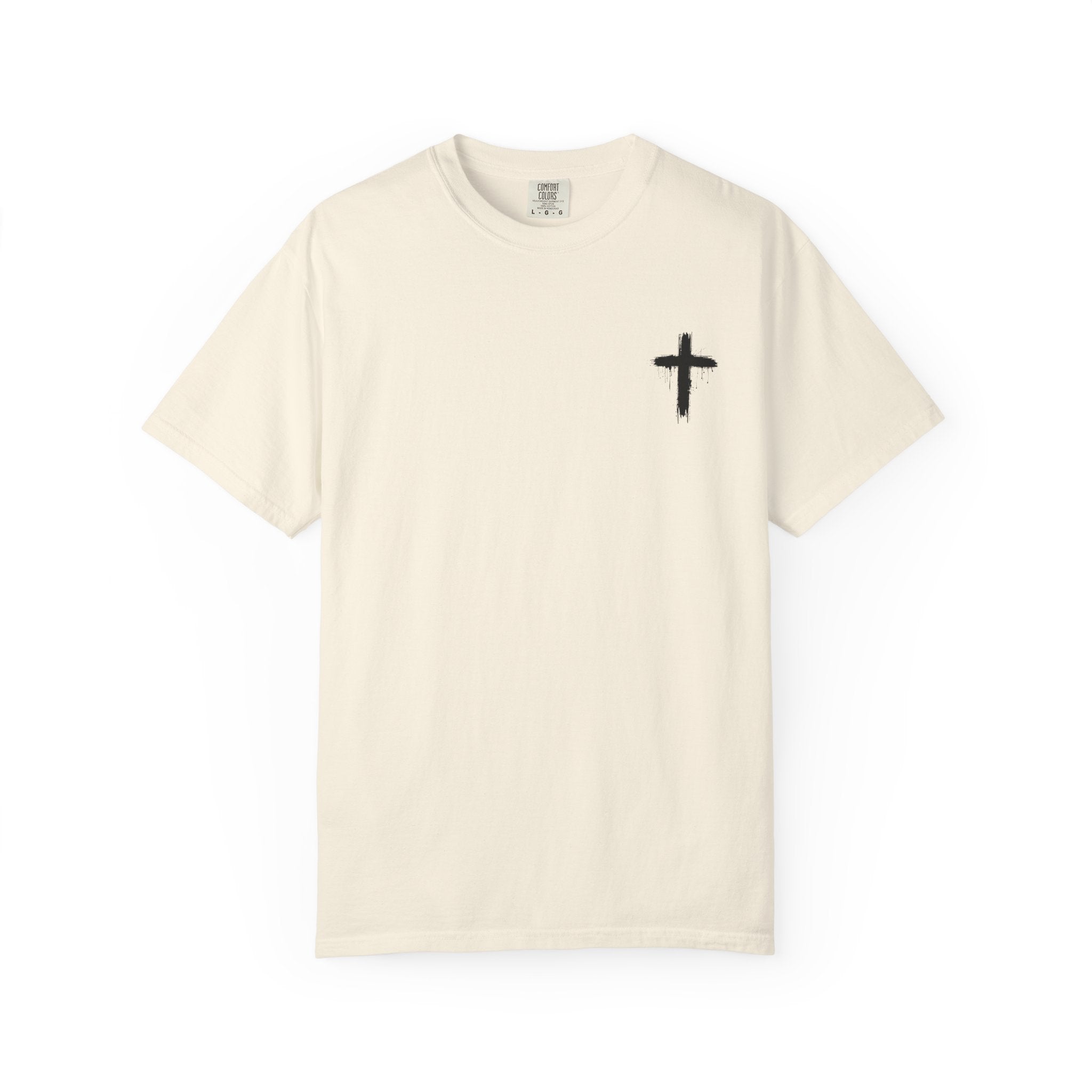 Faith Flag T-Shirt — Small Cross Front, American Flag Back Graphic
