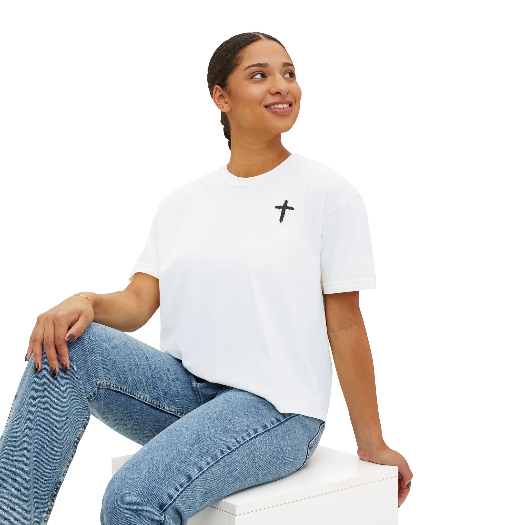 Faith Apparel Women's Boxy Tee — Small Cross Chest + Distressed American Flag Back