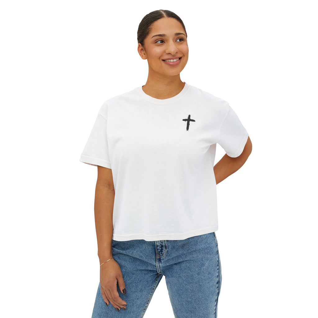 Faith Apparel Women's Boxy Tee — Small Cross Chest + Distressed American Flag Back