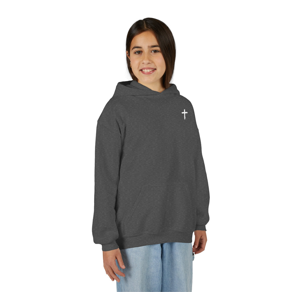 Youth Hoodie with Small Cross Chest Logo — Christian Kids Sweatshirt