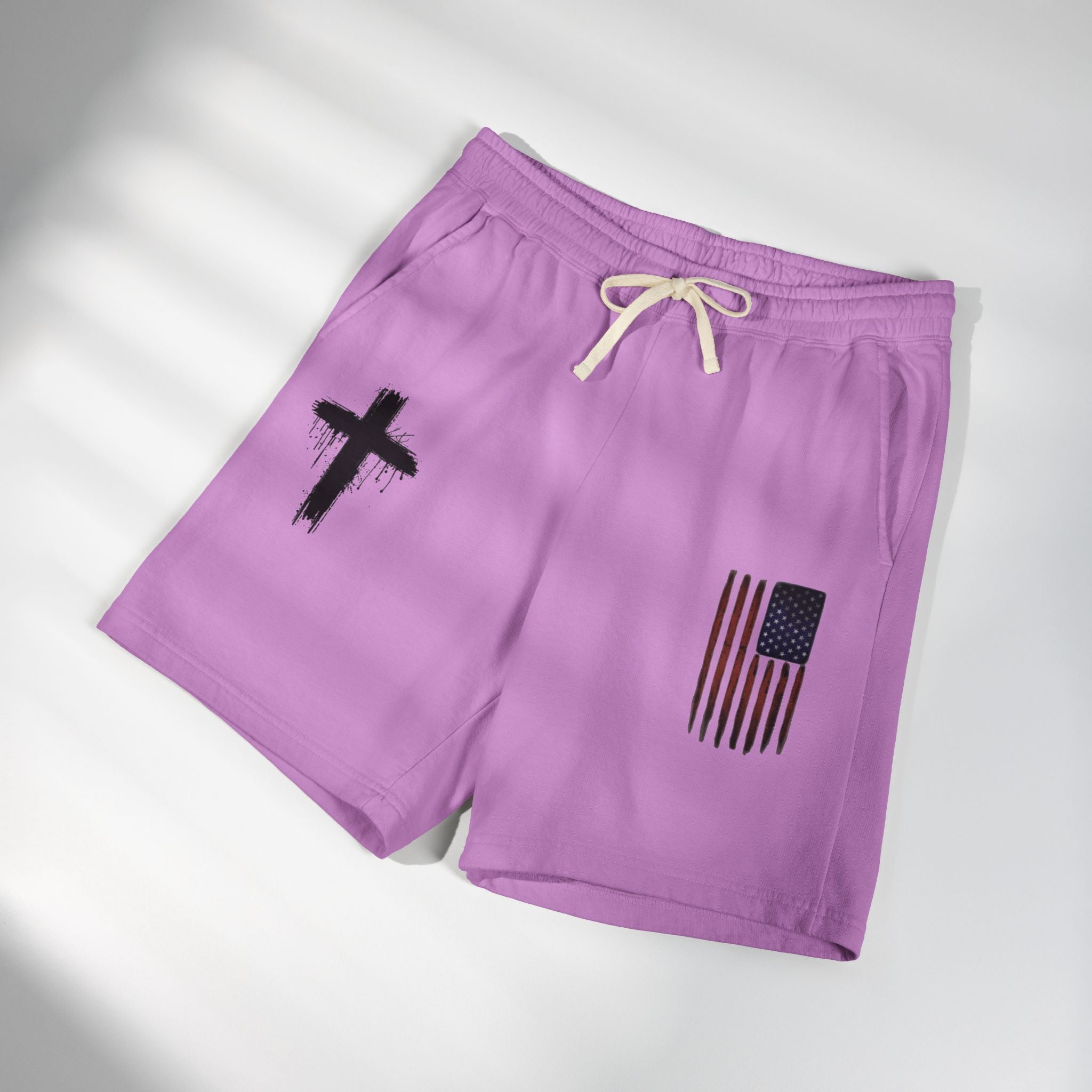 Patriotic Cross Fleece Sweat Shorts — Lightweight Garment-Dyed Lounge Shorts