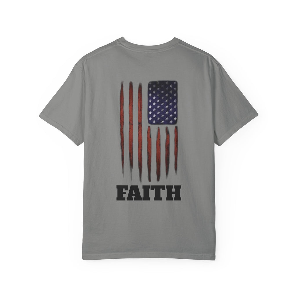 Faith Flag T-Shirt — Small Cross Front, American Flag Back Graphic