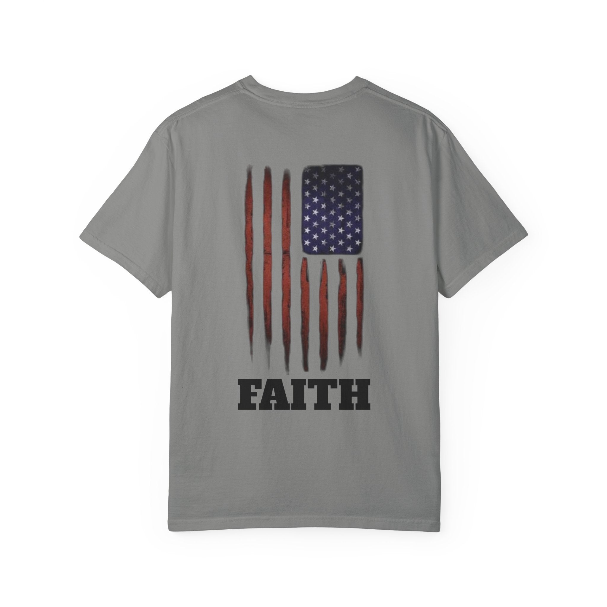 Faith Flag T-Shirt — Small Cross Front, American Flag Back Graphic