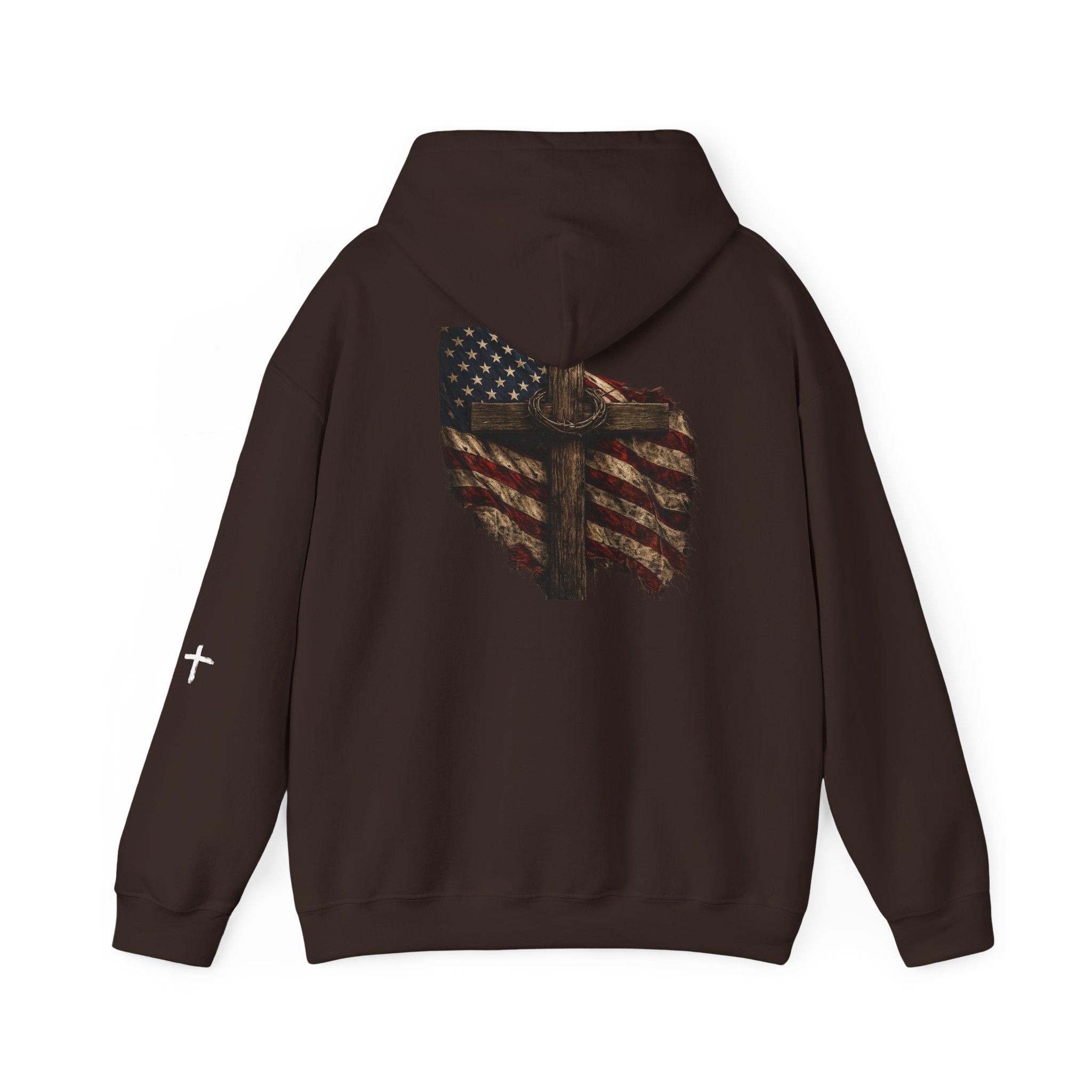 Faith Apparel Hoodie — Distressed American Flag & Cross Christian Pullover