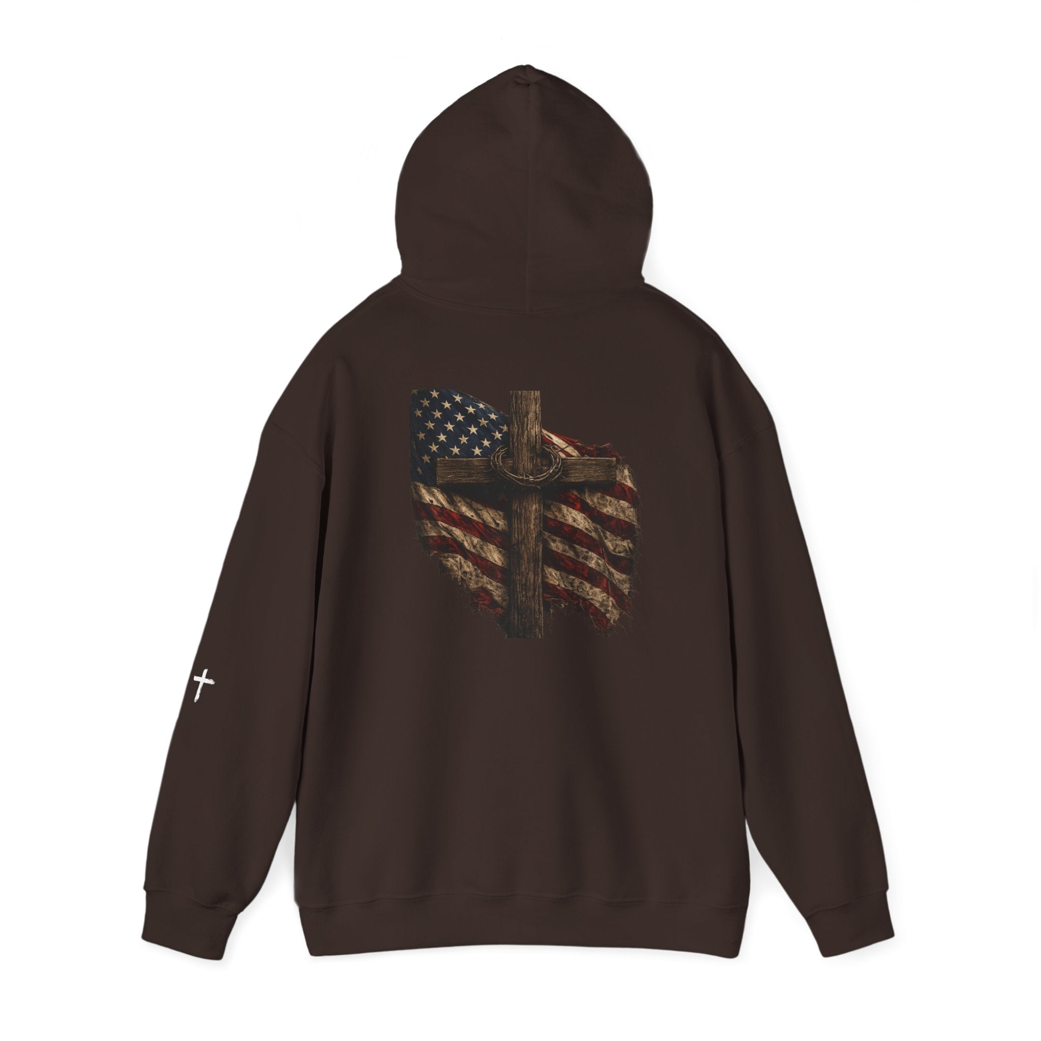 Faith Apparel Hoodie — Distressed American Flag & Cross Christian Pullover