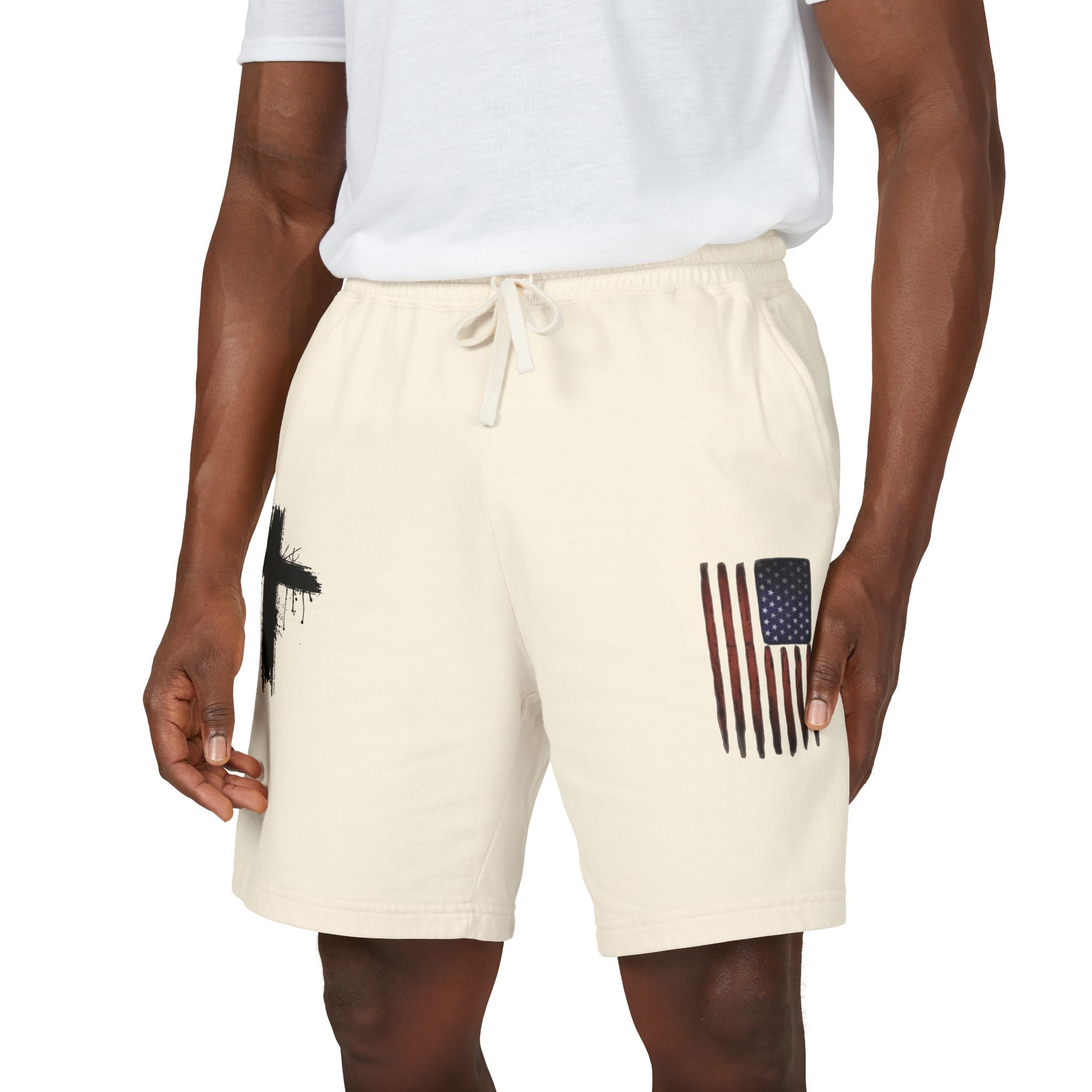 Patriotic Cross Fleece Sweat Shorts — Lightweight Garment-Dyed Lounge Shorts