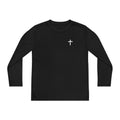 Youth Faith Long Sleeve Tee — Cross Chest & American Flag "FAITH" Back