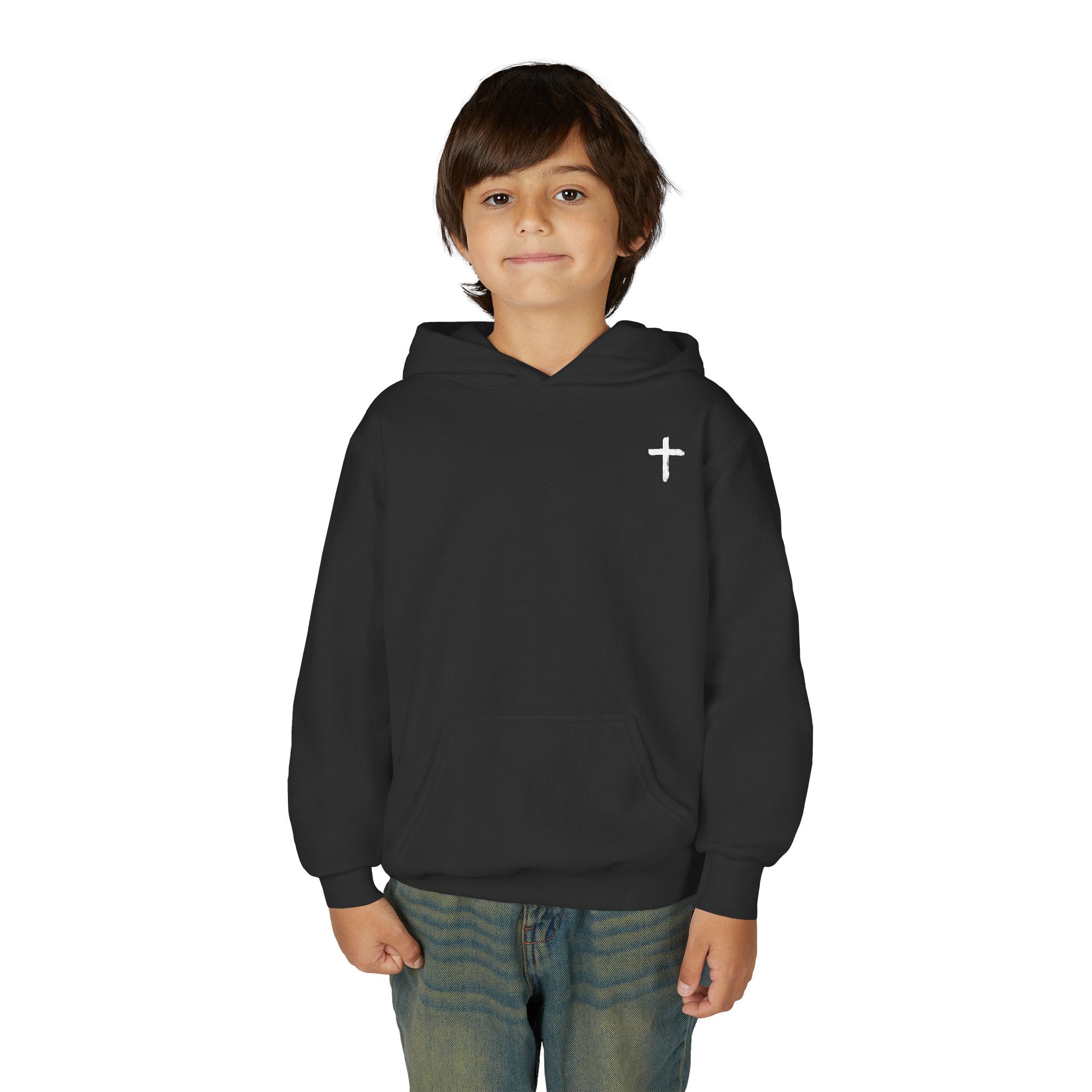 Youth Hoodie with Small Cross Chest Logo — Christian Kids Sweatshirt