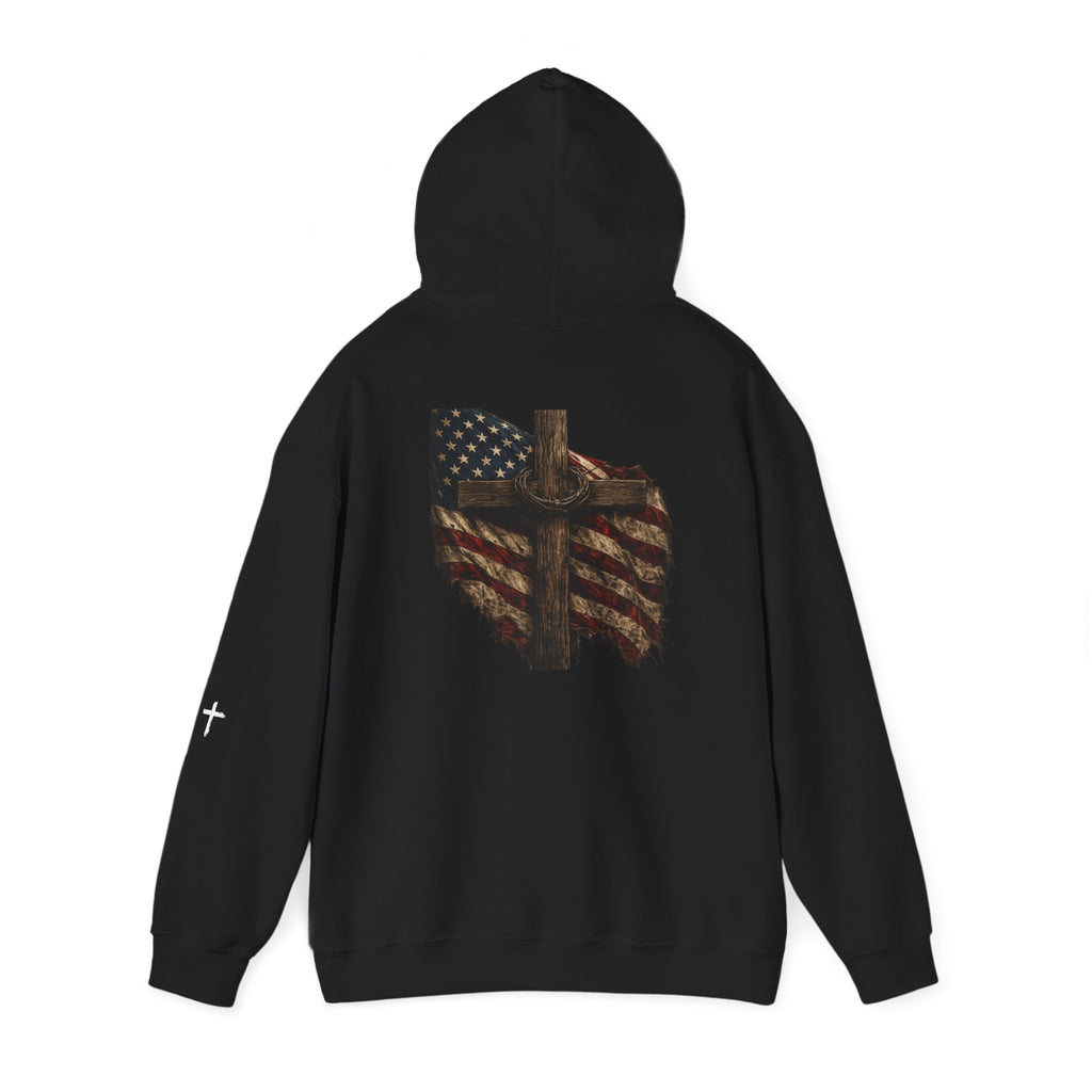 Faith Apparel Hoodie — Distressed American Flag & Cross Christian Pullover