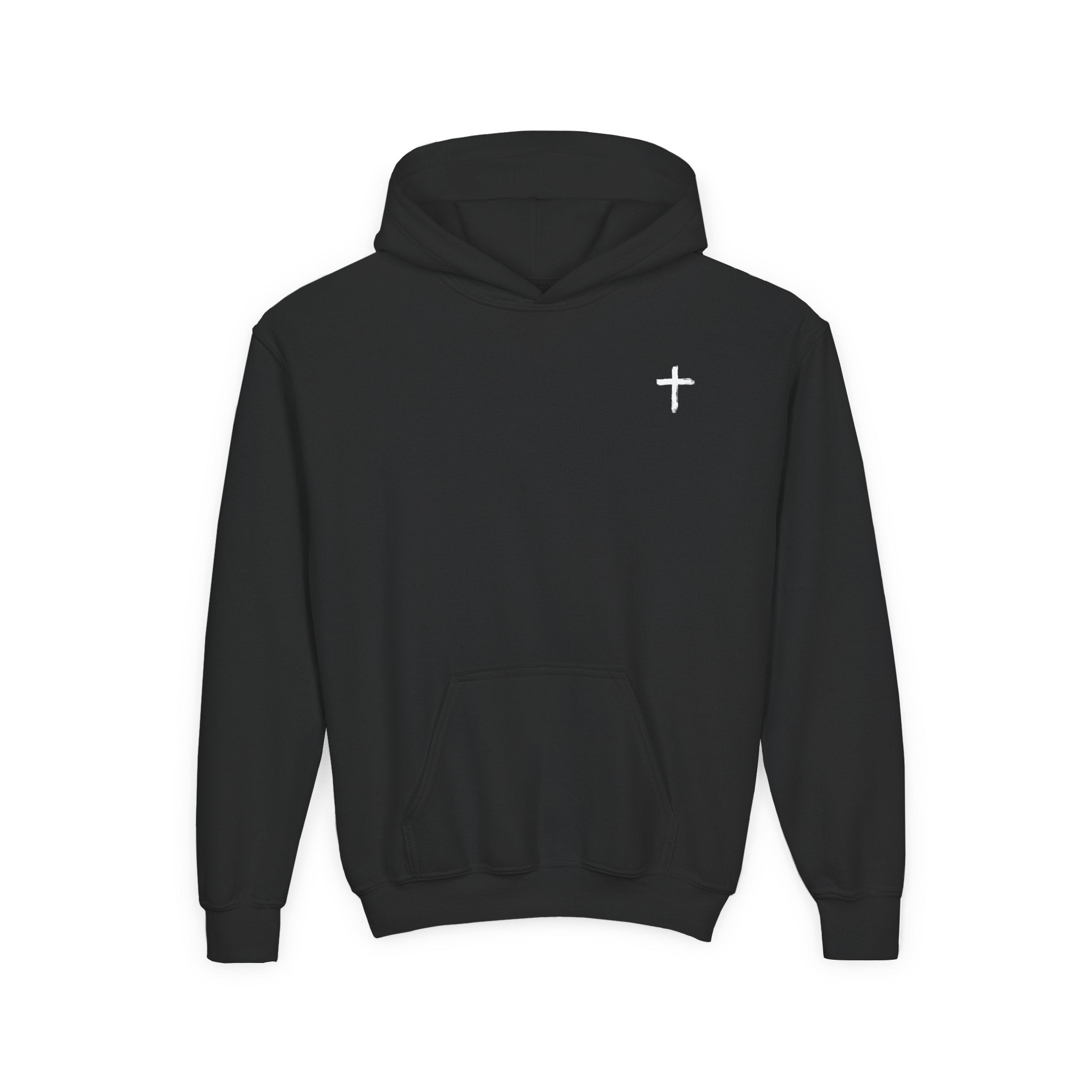 Youth Hoodie with Small Cross Chest Logo — Christian Kids Sweatshirt