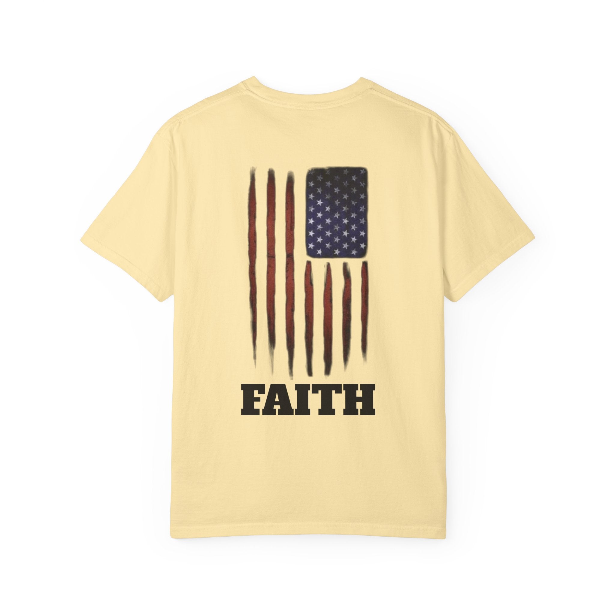 Faith Flag T-Shirt — Small Cross Front, American Flag Back Graphic