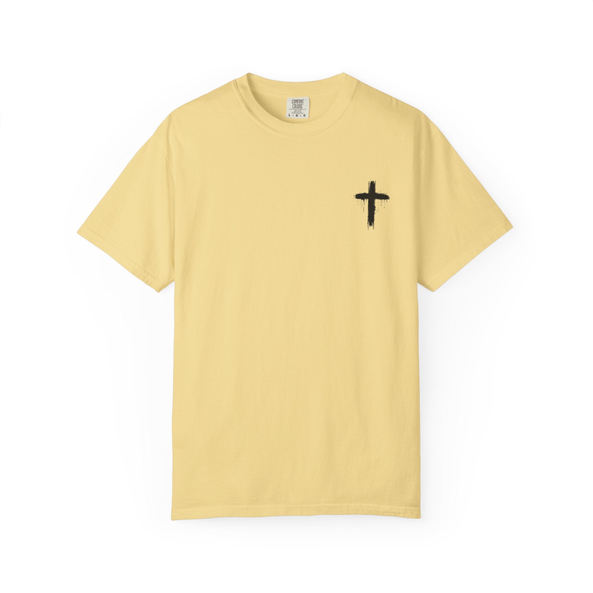 Faith Flag T-Shirt — Small Cross Front, American Flag Back Graphic