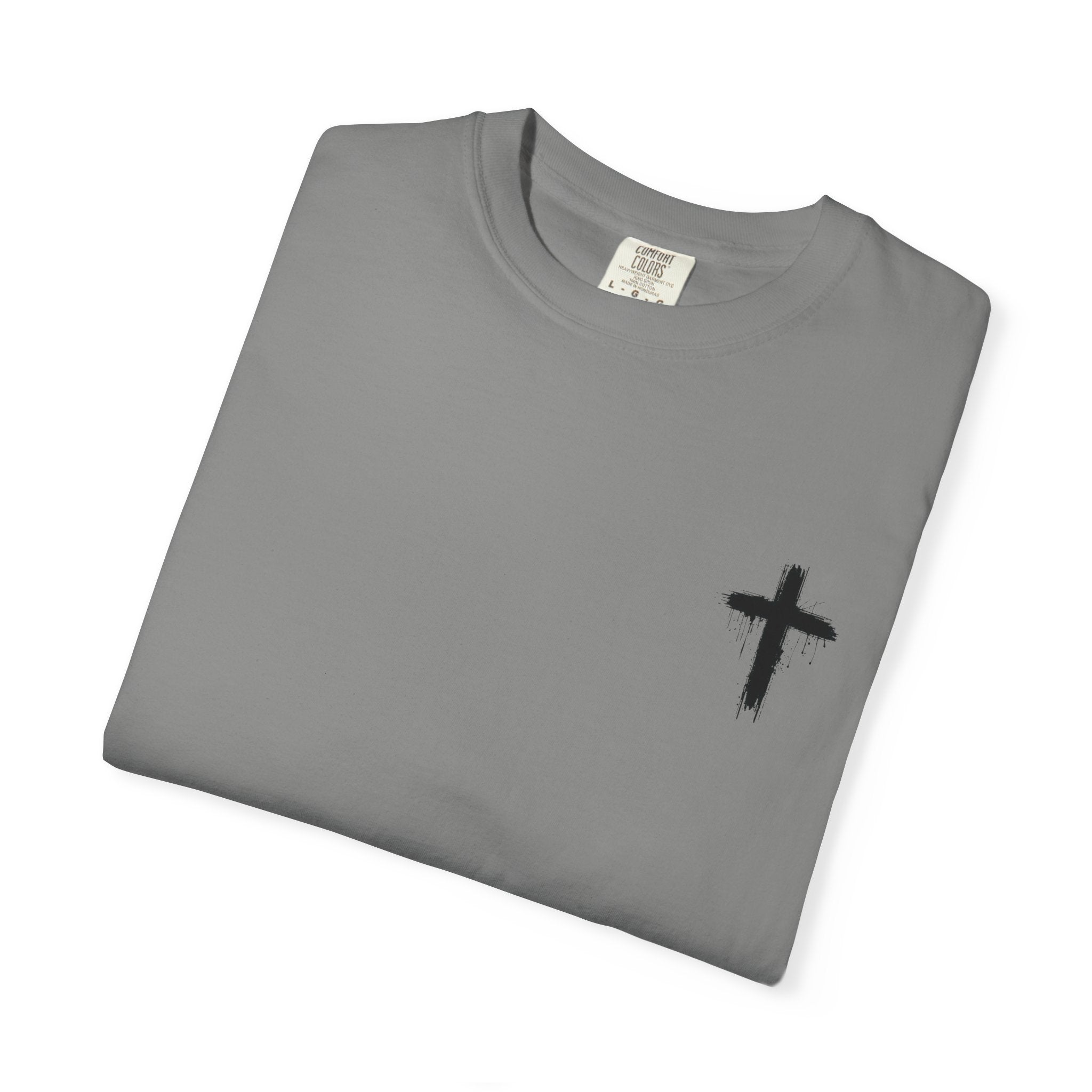Faith Flag T-Shirt — Small Cross Front, American Flag Back Graphic