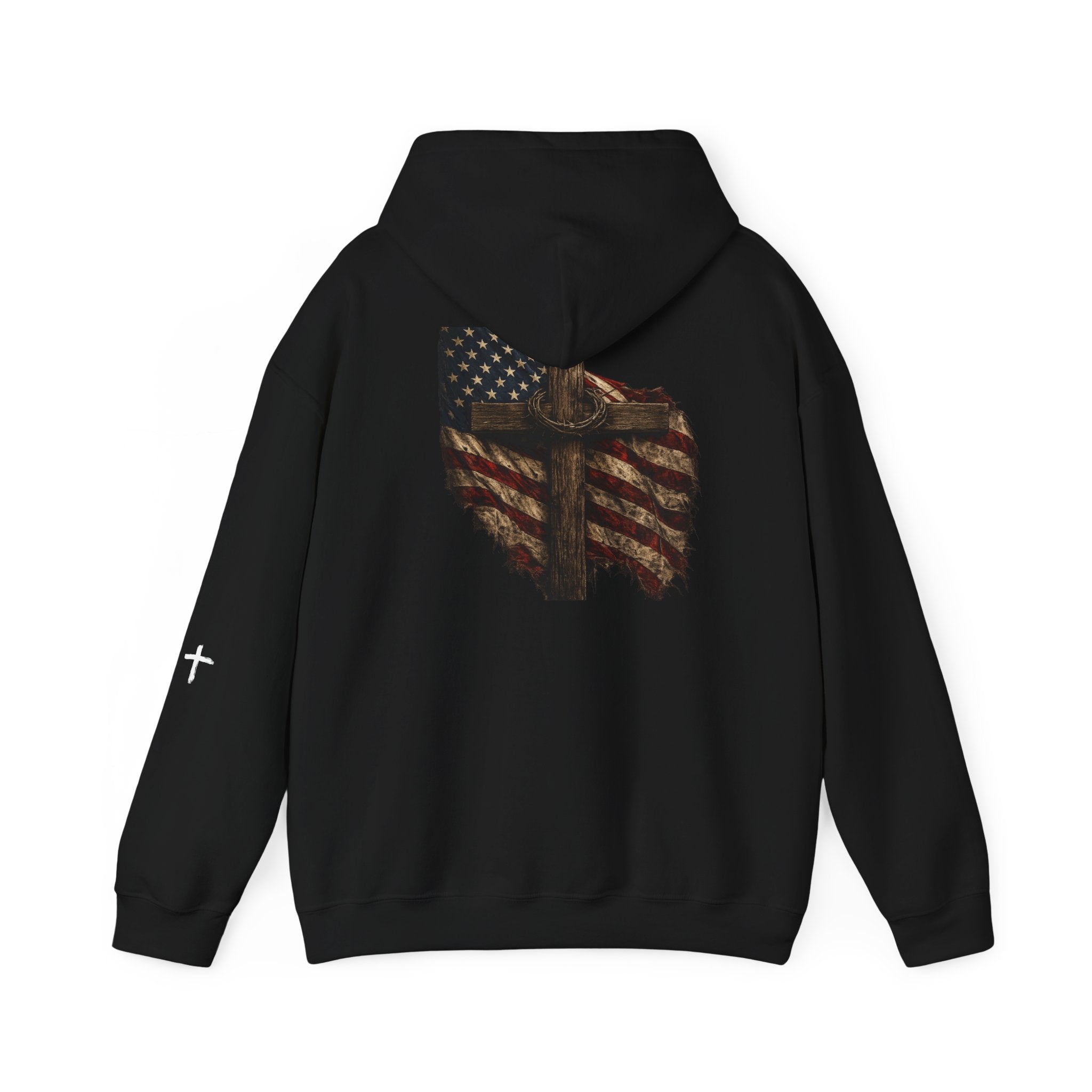 Faith Apparel Hoodie — Distressed American Flag & Cross Christian Pullover