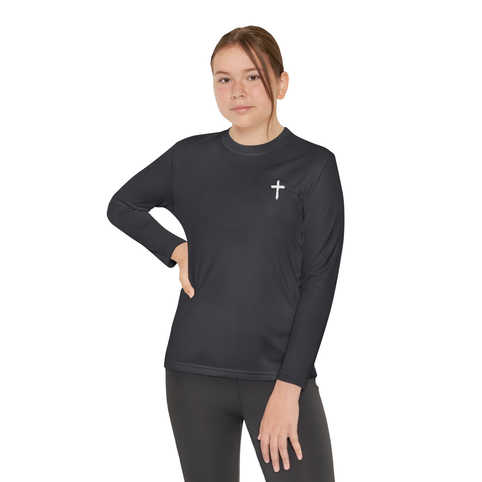 Youth Faith Long Sleeve Tee — Cross Chest & American Flag "FAITH" Back